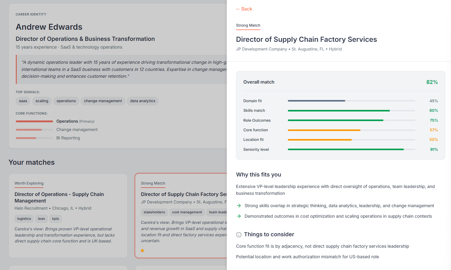 Careira dashboard showing job matches and career profile