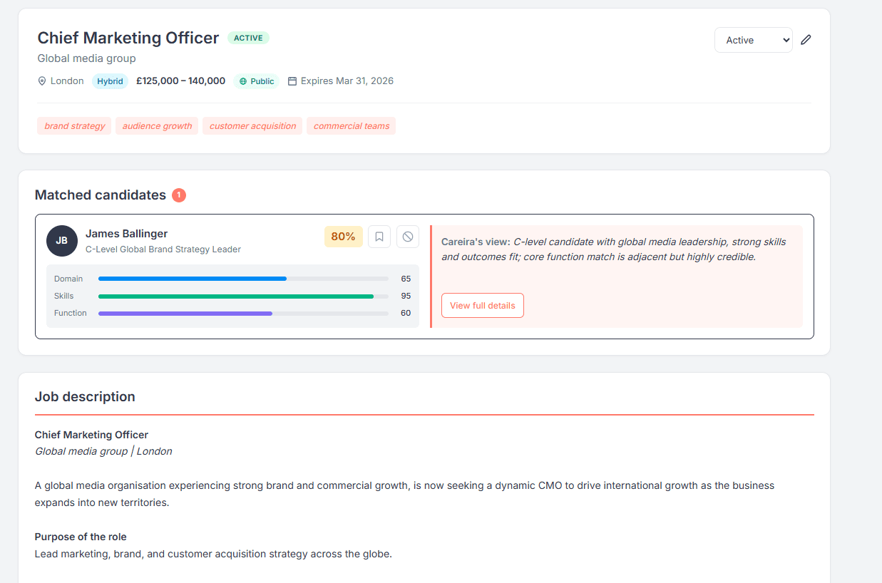 Recruiter dashboard showing candidate matches and scoring